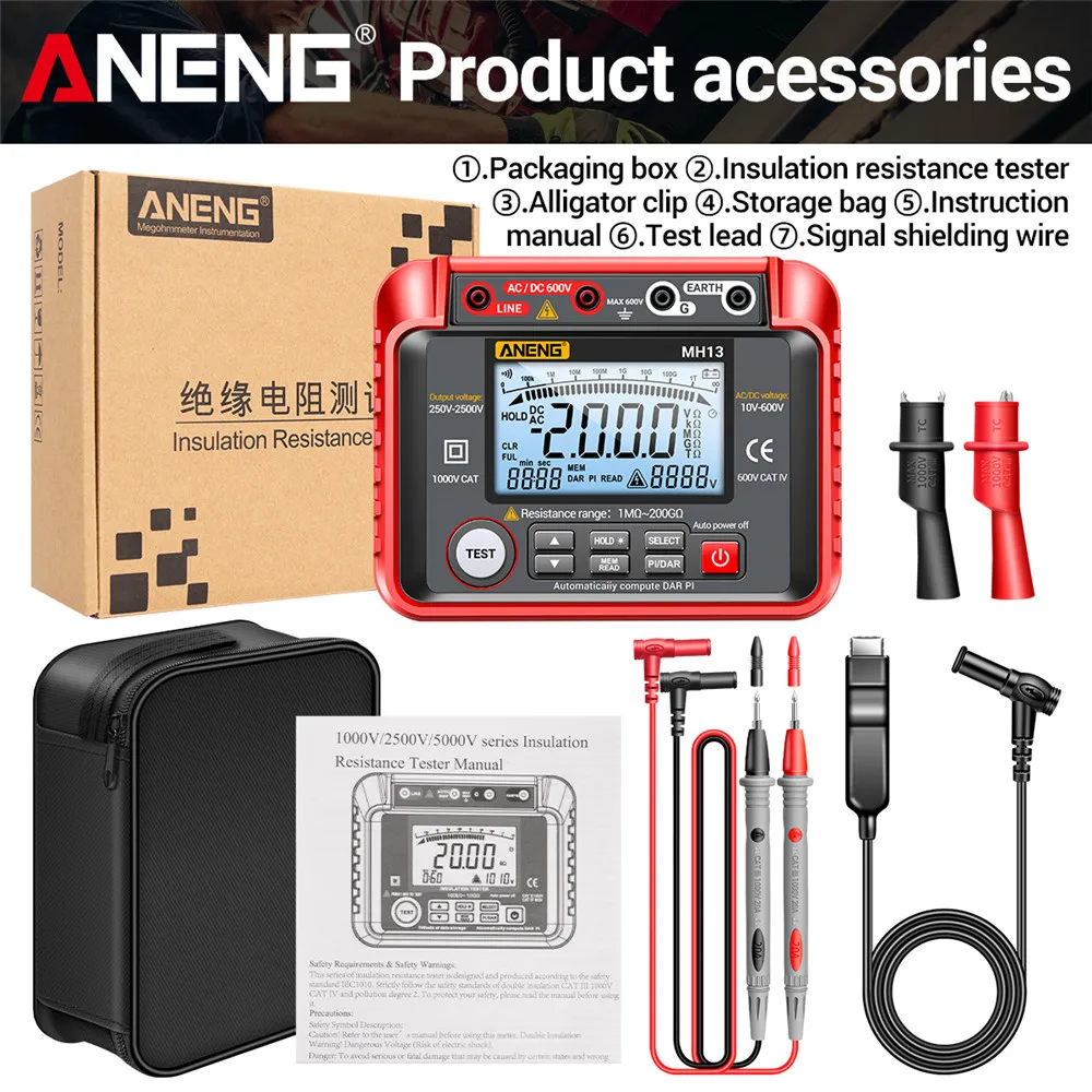 ANENG MH13 Digital Megohmmeter Insulation Resistance Meter Ohm 4000 Counts Tester AC/DC Voltage Earth High Voltage Meter Tester - Image 4