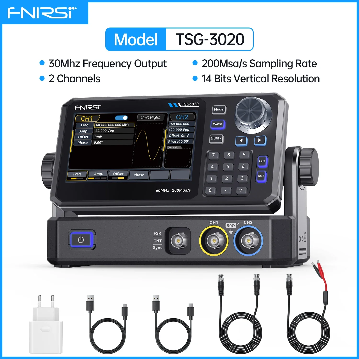 FNIRSI TSG6020 TSG3020 Function Signal Generator 2Ch 60MHz/30MHz 200MSa/s Touchscreen and Type-C Power for Electronics Repair - Image 7