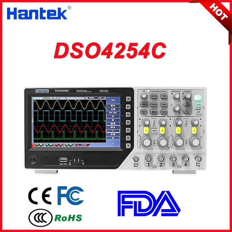 Hantek DSO4254C 4-channel 250MHz Oscilloscope+Arbitrary/Function Signal Generator+External Trigger+DVM+Automatic Range Function